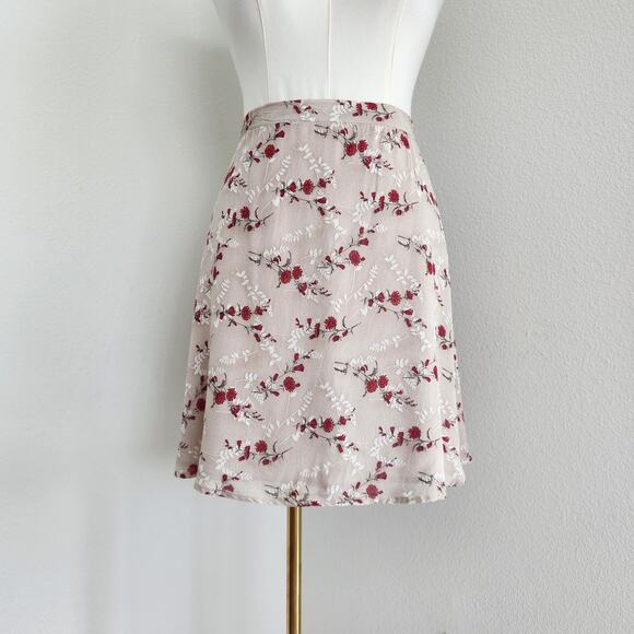 Vintage 90s Ann Tjian for Kenar Rayon Floral Mini Skirt Lined Beige Red 8 - Picture 8 of 8